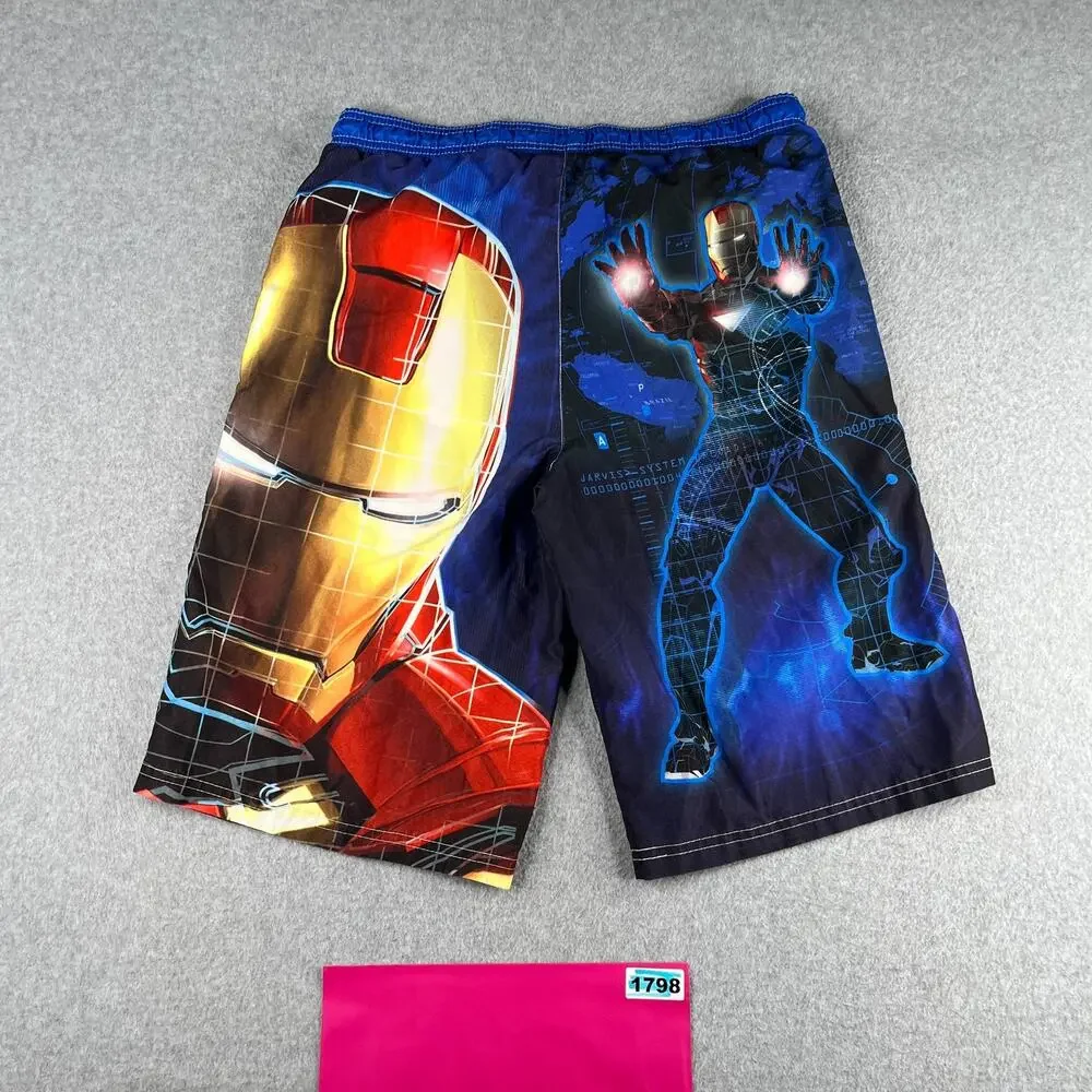 Iron Man Swim Trunks Boys 14/16 Blue Graphic Print Pool Beach Elastic Waist